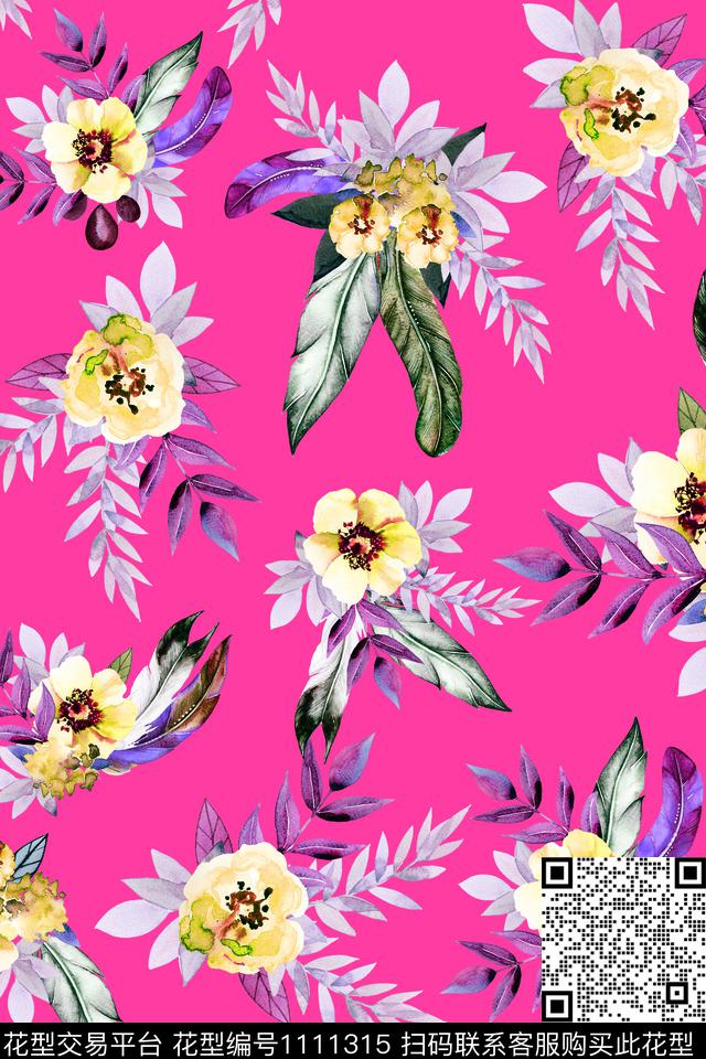 水彩花卉满版散花羽毛花卉数码印花华亿平台下载（图片编号: 1111315） - 瓦栏（Walan）
