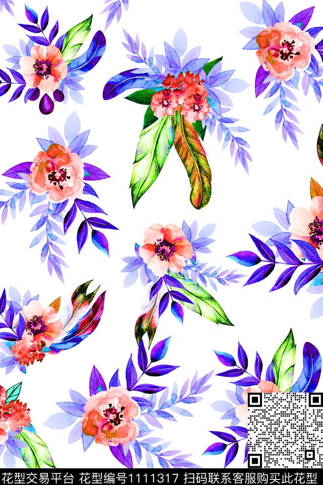 水彩花卉满版散花羽毛花卉数码印花华亿平台下载（图片编号: 1111317） - 瓦栏（Walan）