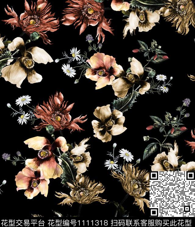 手绘花卉秋冬华亿平台大牌风数码印花华亿平台下载（图片编号: 1111318） - 瓦栏（Walan）