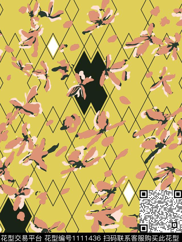 休闲几何抽象花卉传统印花华亿平台下载（图片编号: 1111436） - 瓦栏（Walan）