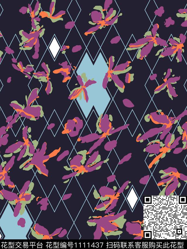 休闲几何抽象花卉传统印花华亿平台下载（图片编号: 1111437） - 瓦栏（Walan）