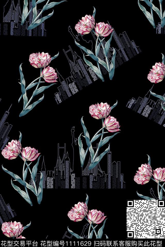 男装花卉黑底花卉数码印花华亿平台下载（图片编号: 1111629） - 瓦栏（Walan）