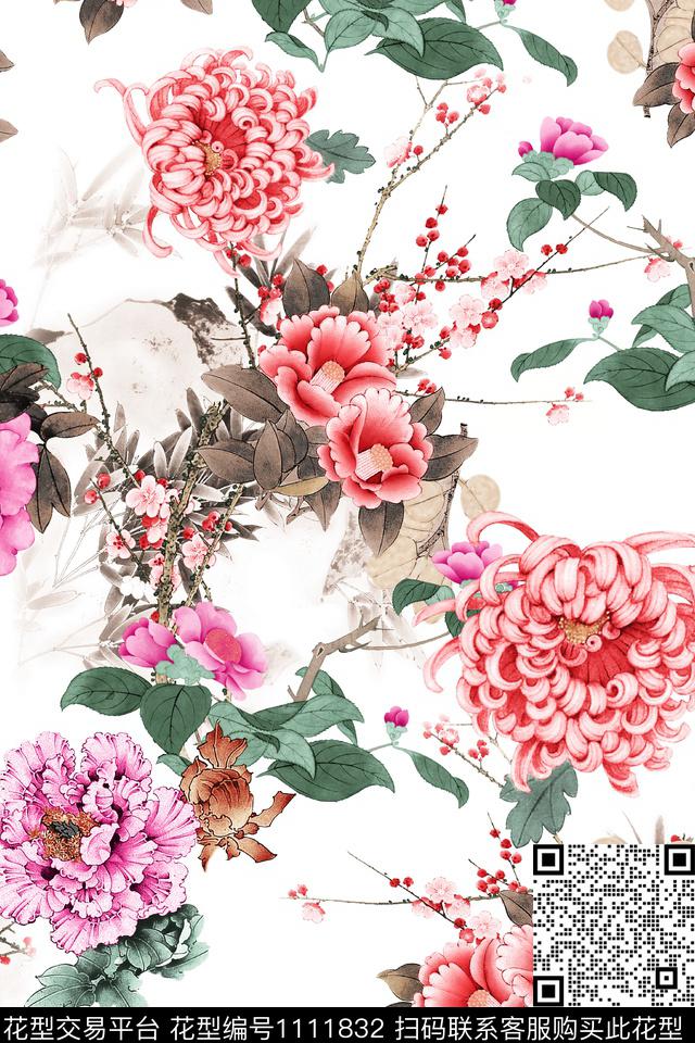 花卉抽象白底花传统印花华亿平台下载（图片编号: 1111832） - 瓦栏（Walan）