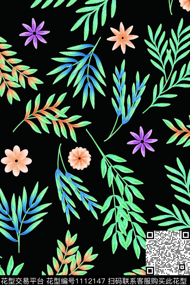 绿植树叶树枝清爽底花卉数码印花华亿平台下载（图片编号: 1112147） - 瓦栏（Walan）