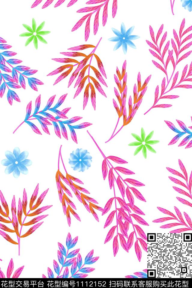 绿植树叶树枝清爽底花卉数码印花华亿平台下载（图片编号: 1112152） - 瓦栏（Walan）