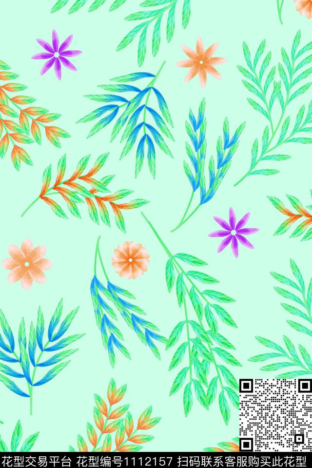 绿植树叶树枝清爽底花卉数码印花华亿平台下载（图片编号: 1112157） - 瓦栏（Walan）