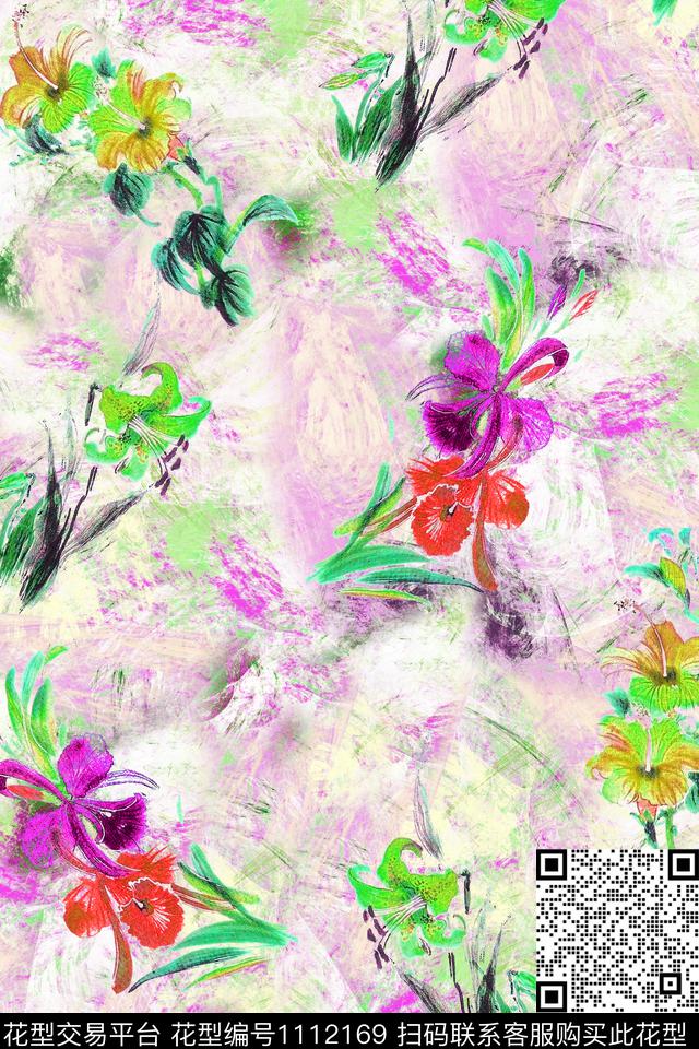 手绘花卉抽象派满版散花数码印花华亿平台下载（图片编号: 1112169） - 瓦栏（Walan）