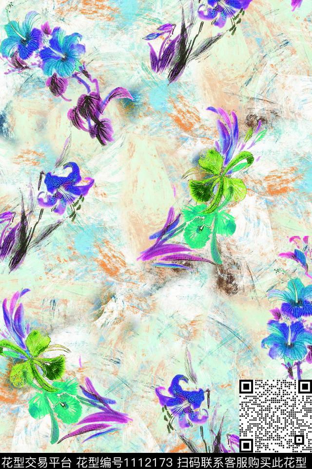 手绘花卉抽象派满版散花数码印花华亿平台下载（图片编号: 1112173） - 瓦栏（Walan）