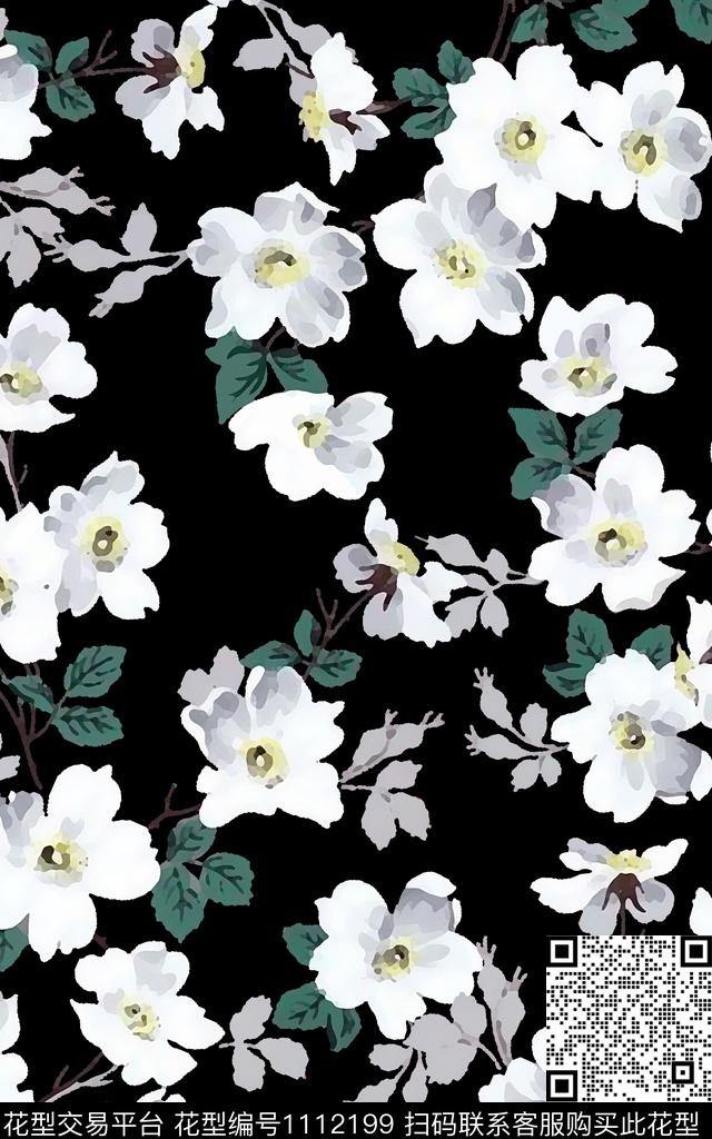 花卉复古黑底花卉数码印花华亿平台下载（图片编号: 1112199） - 瓦栏（Walan）