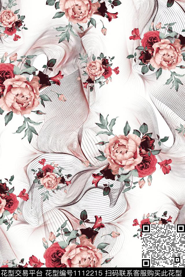 手绘花卉大牌风清爽底花卉数码印花华亿平台下载（图片编号: 1112215） - 瓦栏（Walan）