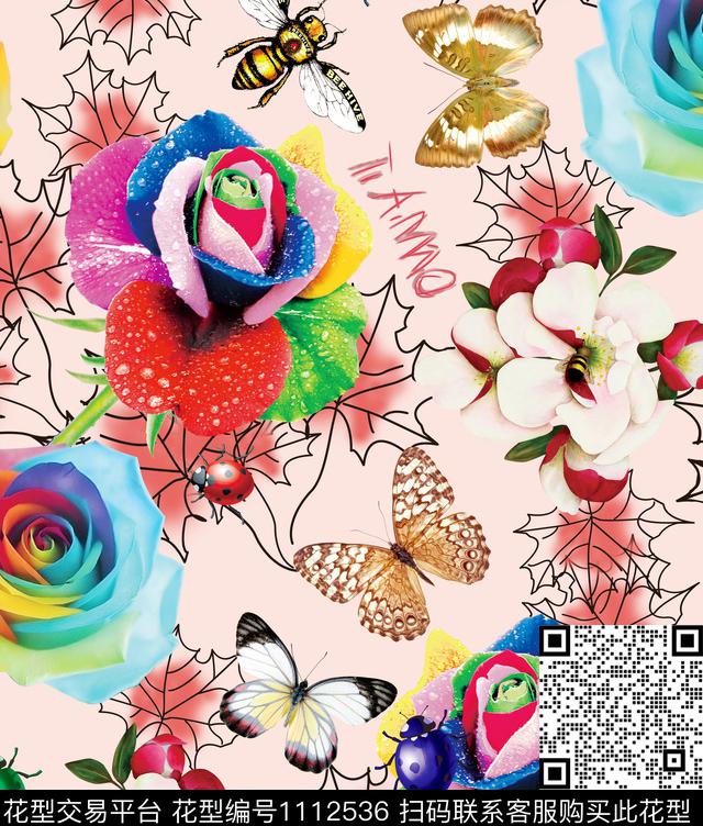 蜜蜂蝴蝶玫瑰花数码印花华亿平台下载（图片编号: 1112536） - 瓦栏（Walan）