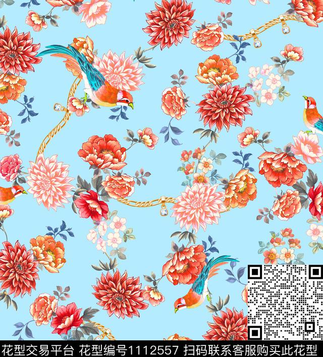 鸟/昆虫复古花卉数码印花华亿平台下载（图片编号: 1112557） - 瓦栏（Walan）