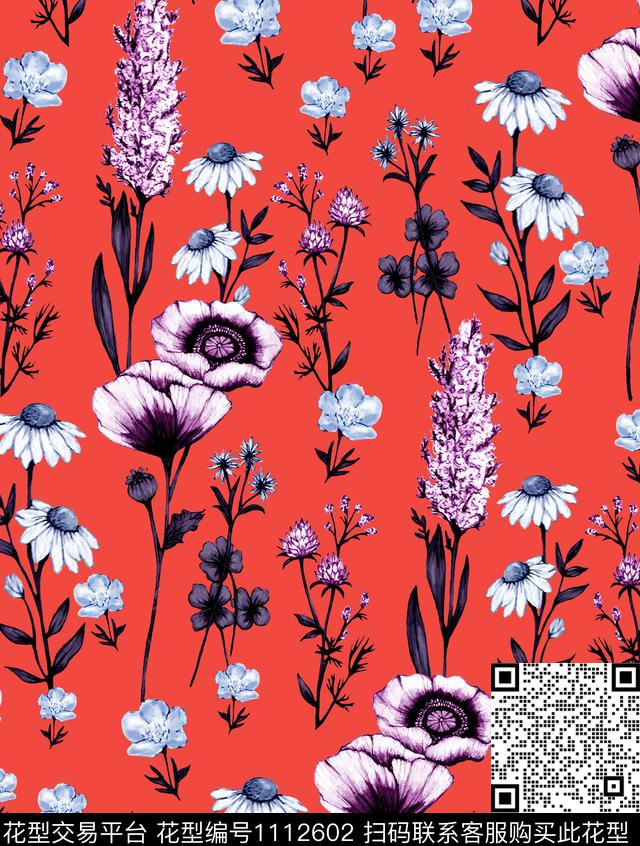 小碎花中国红橘红数码印花华亿平台下载（图片编号: 1112602） - 瓦栏（Walan）