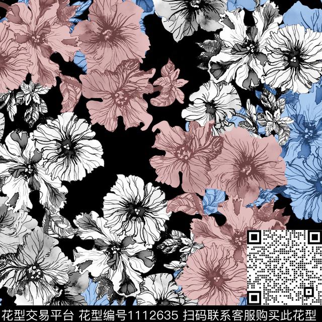 花卉线条花卉黑底花卉数码印花华亿平台下载（图片编号: 1112635） - 瓦栏（Walan）