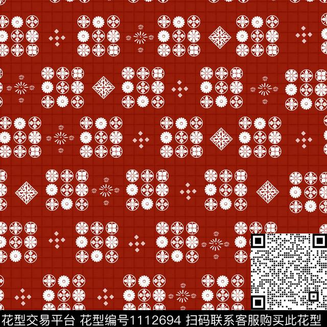 格子中国风定位花几何数码印花华亿平台下载（图片编号: 1112694） - 瓦栏（Walan）