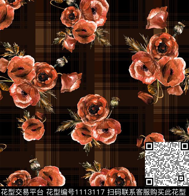 格子花卉混合拼接数码印花华亿平台下载（图片编号: 1113117） - 瓦栏（Walan）