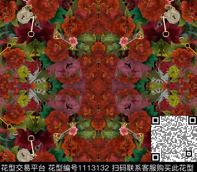 钥匙红花大花数码印花华亿平台下载（图片编号: 1113132） - 瓦栏（Walan）