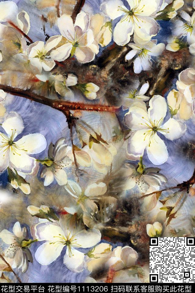 真丝树枝桃花数码印花华亿平台下载（图片编号: 1113206） - 瓦栏（Walan）