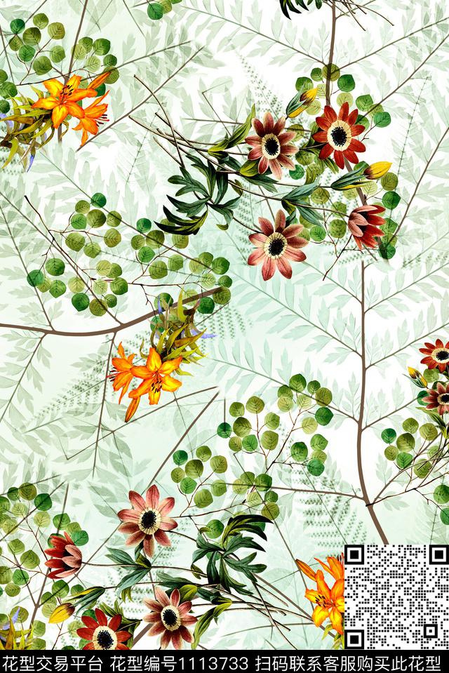 花卉女装绿植树叶数码印花华亿平台下载（图片编号: 1113733） - 瓦栏（Walan）