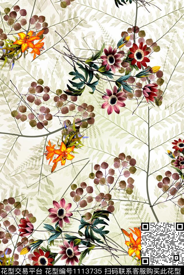 花卉女装绿植树叶数码印花华亿平台下载（图片编号: 1113735） - 瓦栏（Walan）