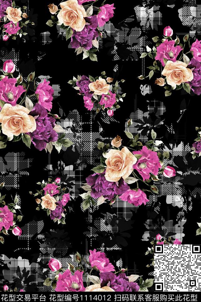 手绘玫瑰格纹复古大牌旗袍风数码印花华亿平台下载（图片编号: 1114012） - 瓦栏（Walan）