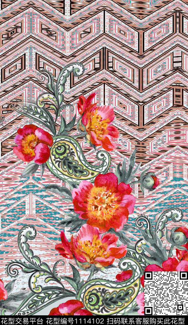 花卉定位花民族风数码印花华亿平台下载（图片编号: 1114102） - 瓦栏（Walan）