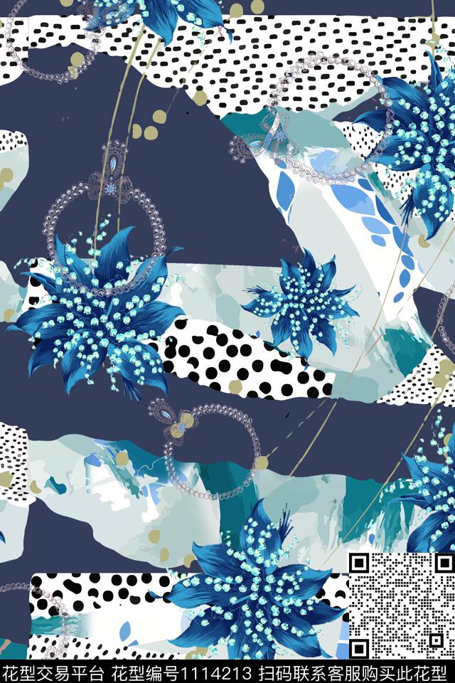 抽象花卉时尚拼接数码印花华亿平台下载（图片编号: 1114213） - 瓦栏（Walan）