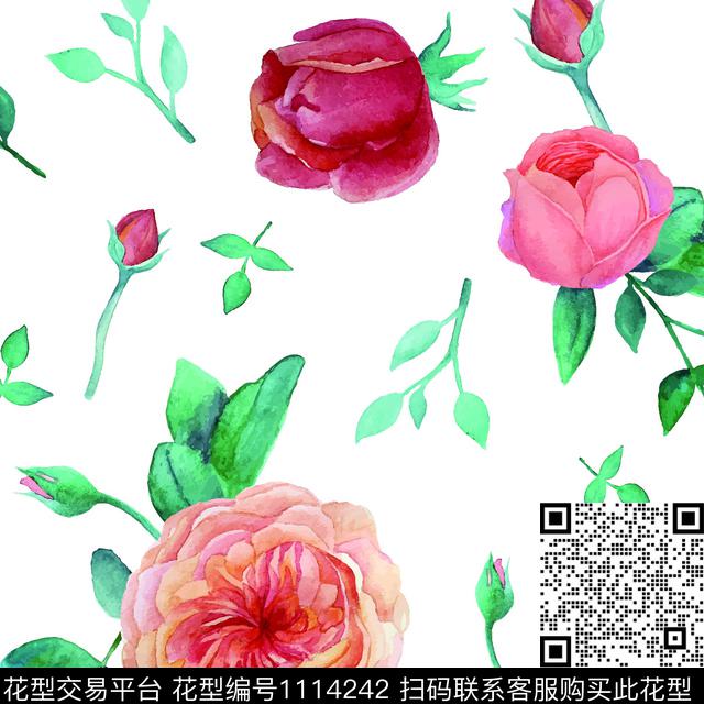 水彩花卉玫瑰花小碎花数码印花华亿平台下载（图片编号: 1114242） - 瓦栏（Walan）