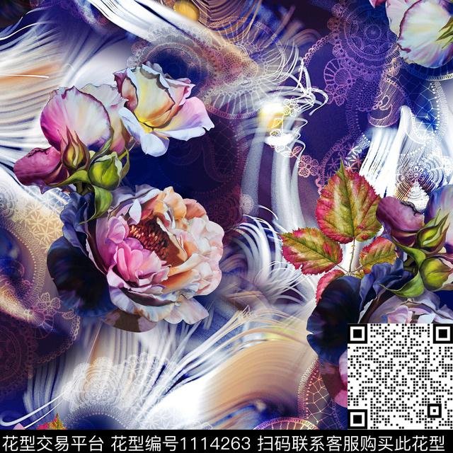 炫彩抽象花卉数码印花华亿平台下载（图片编号: 1114263） - 瓦栏（Walan）