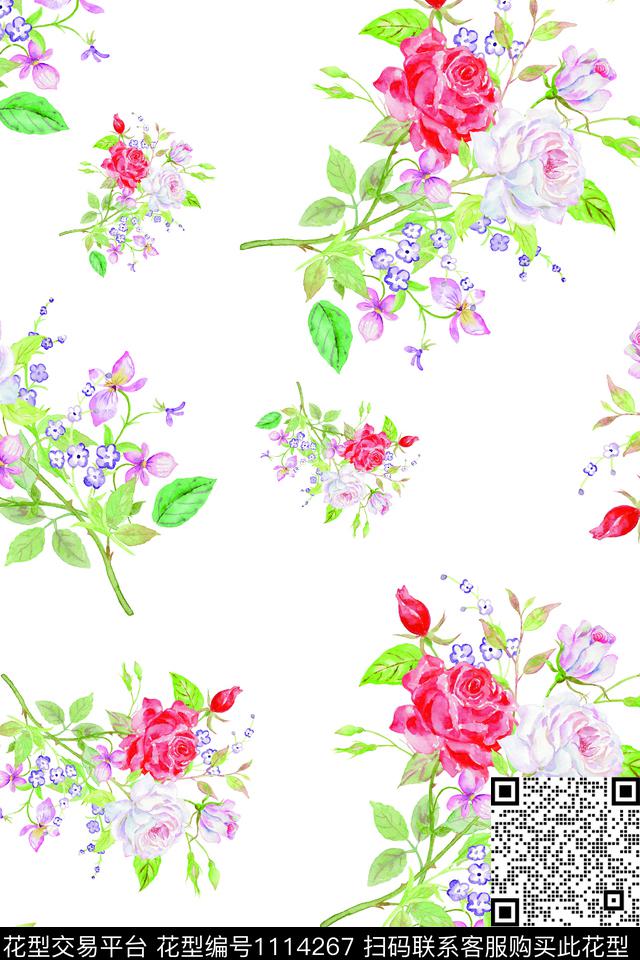 玫瑰花月季花水彩花卉数码印花华亿平台下载（图片编号: 1114267） - 瓦栏（Walan）