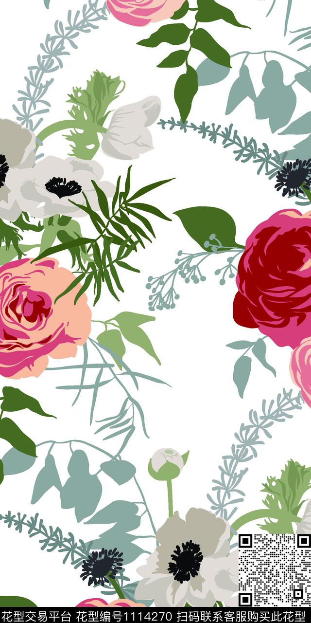 玫瑰花手绘花卉小碎花数码印花华亿平台下载（图片编号: 1114270） - 瓦栏（Walan）