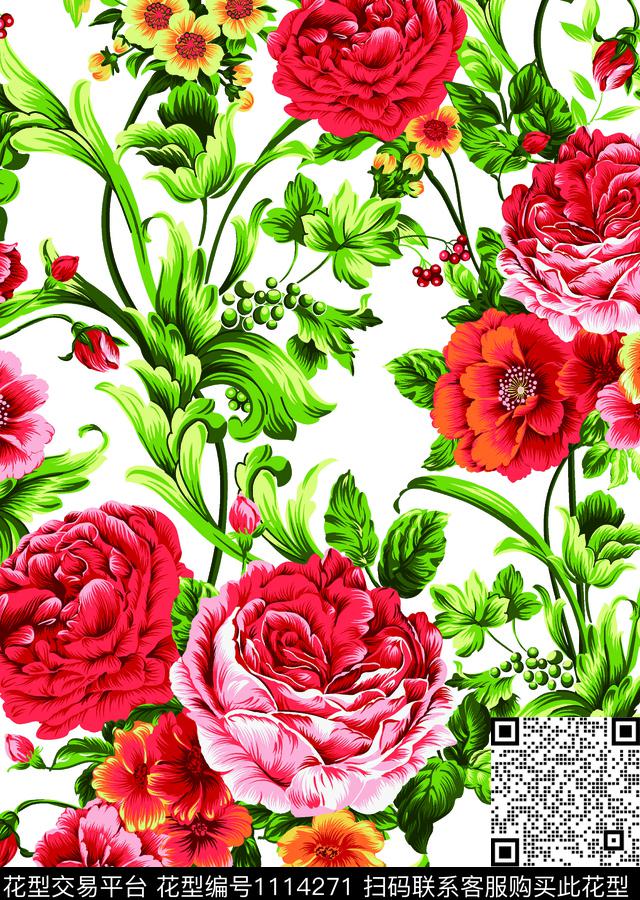 玫瑰花手绘花卉小碎花数码印花华亿平台下载（图片编号: 1114271） - 瓦栏（Walan）
