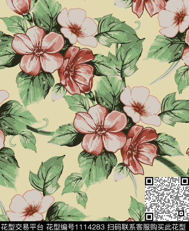 牡丹玫瑰花月季花数码印花华亿平台下载（图片编号: 1114283） - 瓦栏（Walan）