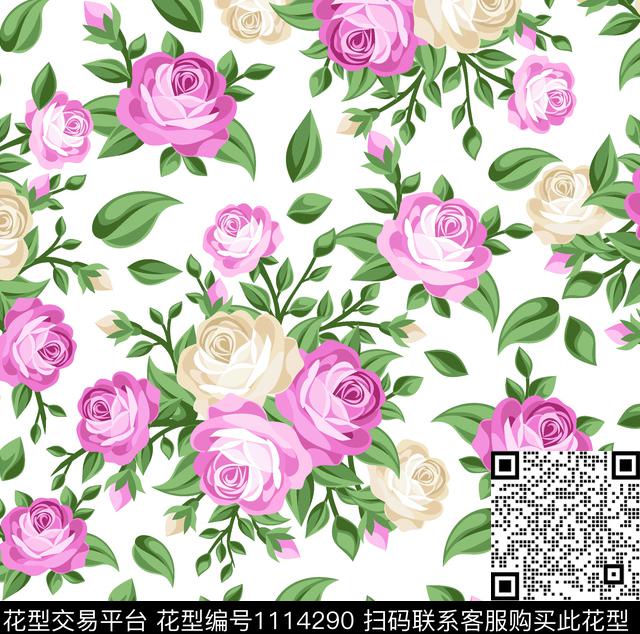 牡丹玫瑰花月季花数码印花华亿平台下载（图片编号: 1114290） - 瓦栏（Walan）