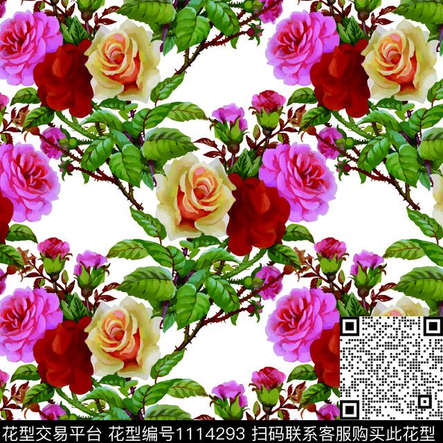 牡丹玫瑰花月季花数码印花华亿平台下载（图片编号: 1114293） - 瓦栏（Walan）