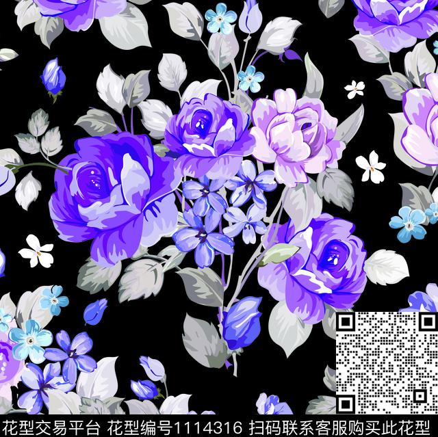 水彩花卉玫瑰花牡丹数码印花华亿平台下载（图片编号: 1114316） - 瓦栏（Walan）