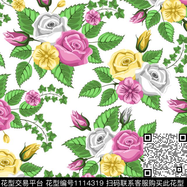 水彩花卉玫瑰花牡丹数码印花华亿平台下载（图片编号: 1114319） - 瓦栏（Walan）