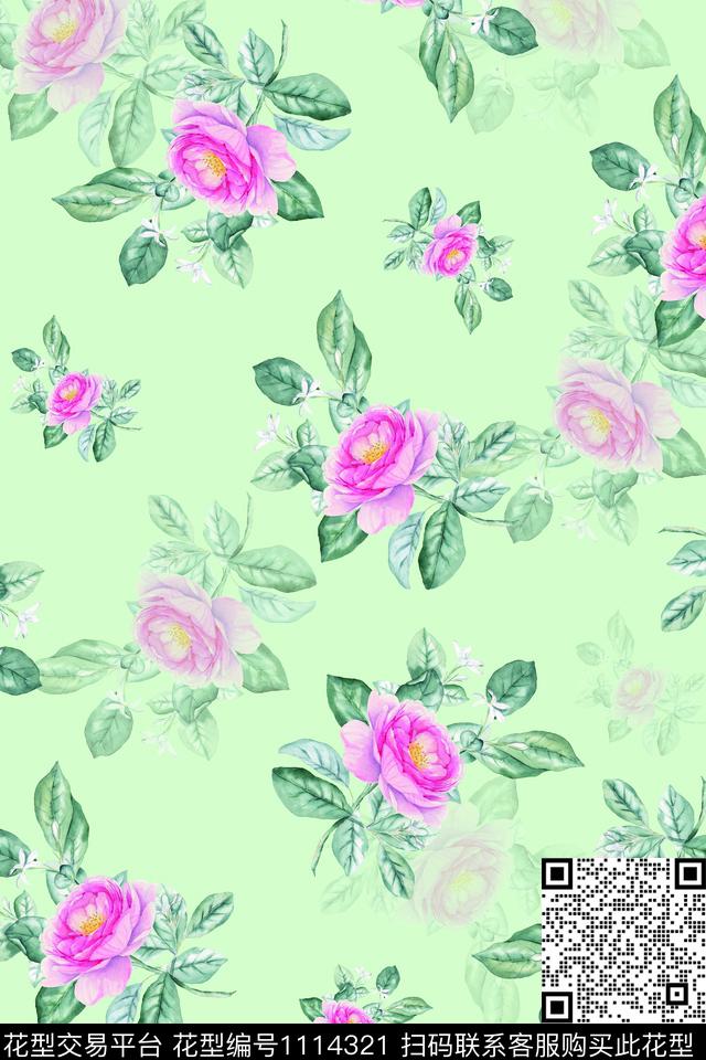 水彩花卉玫瑰花牡丹数码印花华亿平台下载（图片编号: 1114321） - 瓦栏（Walan）