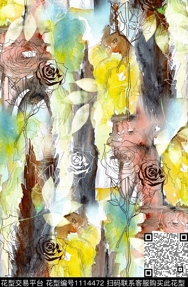 线条花卉水彩纹理女装数码印花华亿平台下载（图片编号: 1114472） - 瓦栏（Walan）