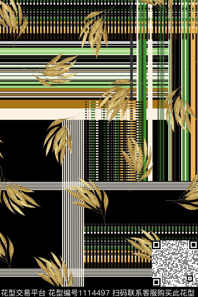 趣味几何热带泰国风情金叶子数码印花华亿平台下载（图片编号: 1114497） - 瓦栏（Walan）