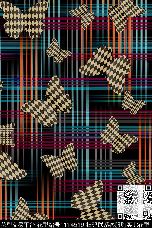 大牌风格子蝴蝶纹数码印花华亿平台下载（图片编号: 1114519） - 瓦栏（Walan）