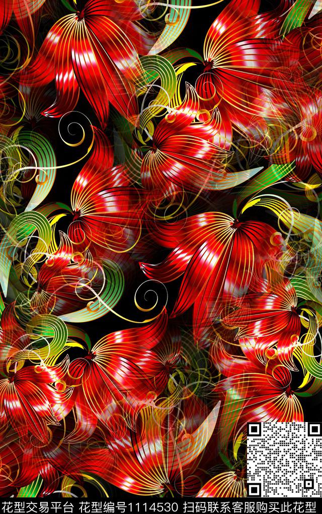 数码华亿平台花卉线条数码印花华亿平台下载（图片编号: 1114530） - 瓦栏（Walan）