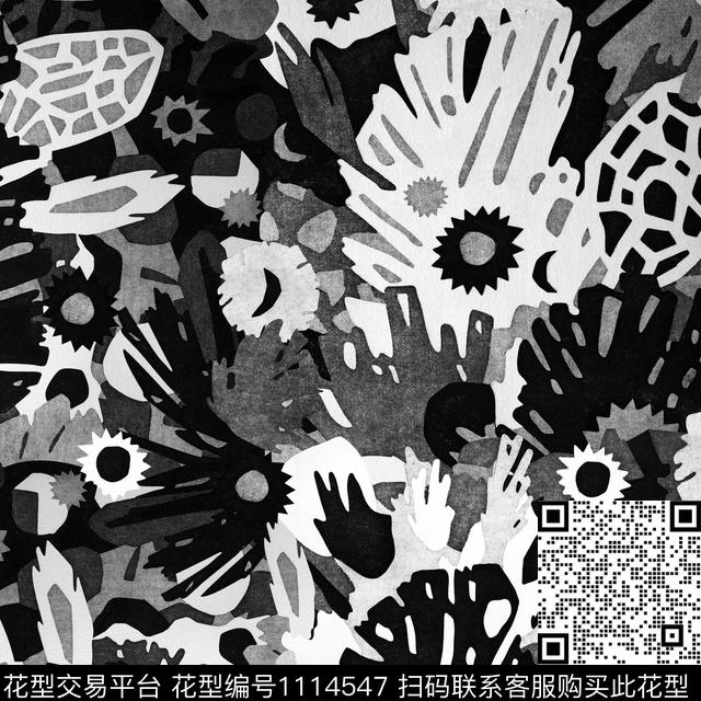 男装黑白华亿平台抽象花卉传统印花华亿平台下载（图片编号: 1114547） - 瓦栏（Walan）