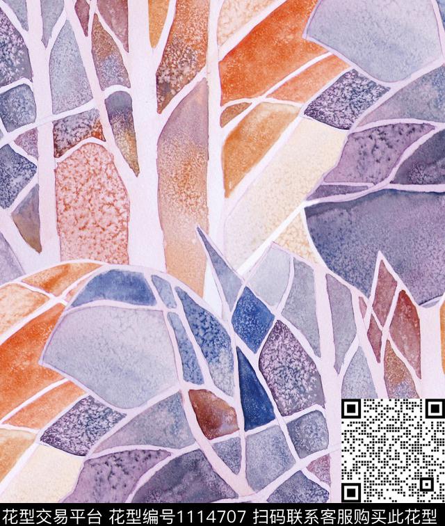 水彩树枝数码印花华亿平台下载（图片编号: 1114707） - 瓦栏（Walan）