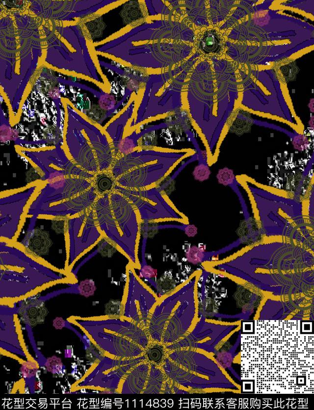 混合拼接抽象线条花卉数码印花华亿平台下载（图片编号: 1114839） - 瓦栏（Walan）