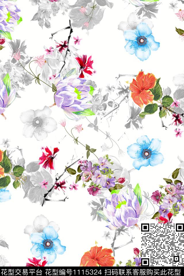 数码华亿平台满版散花花卉数码印花华亿平台下载（图片编号: 1115324） - 瓦栏（Walan）