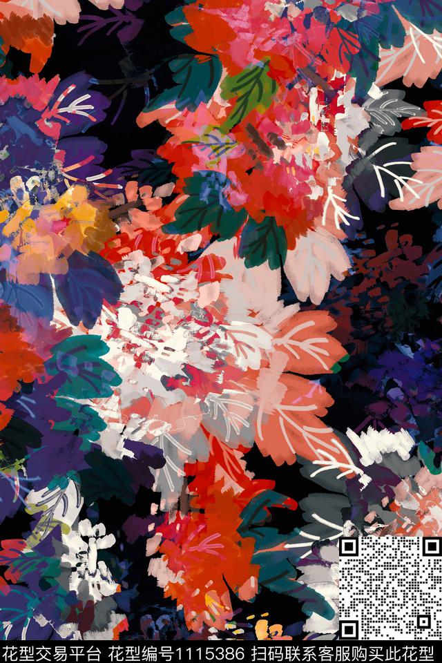 花卉手绘大花炫彩数码印花华亿平台下载（图片编号: 1115386） - 瓦栏（Walan）