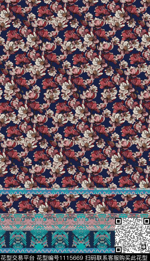 抽象花卉民族风混合拼接数码印花华亿平台下载（图片编号: 1115669） - 瓦栏（Walan）