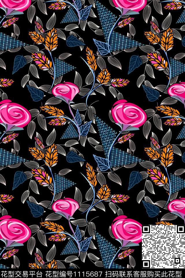 抽象花卉绿植树叶格子数码印花华亿平台下载（图片编号: 1115687） - 瓦栏（Walan）