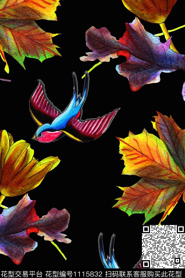 花鸟手绘花卉黑底花卉传统印花华亿平台下载（图片编号: 1115832） - 瓦栏（Walan）